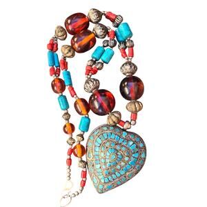 Vintage India Silver Plate Multi-Gemstone Turquoise Statement Heart Necklace 30"